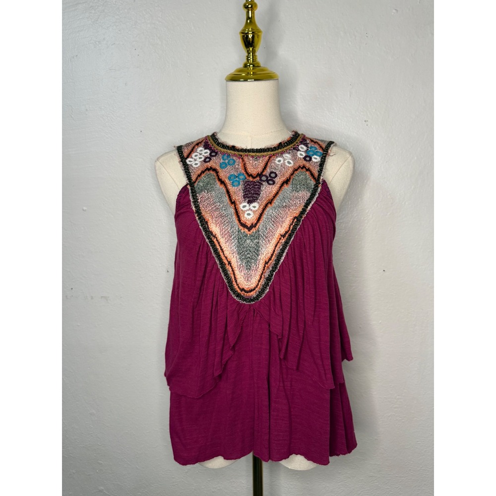 Vintage Free People Liberation Mossy Tank Top Women's XS Embroidered Beaded Y2K